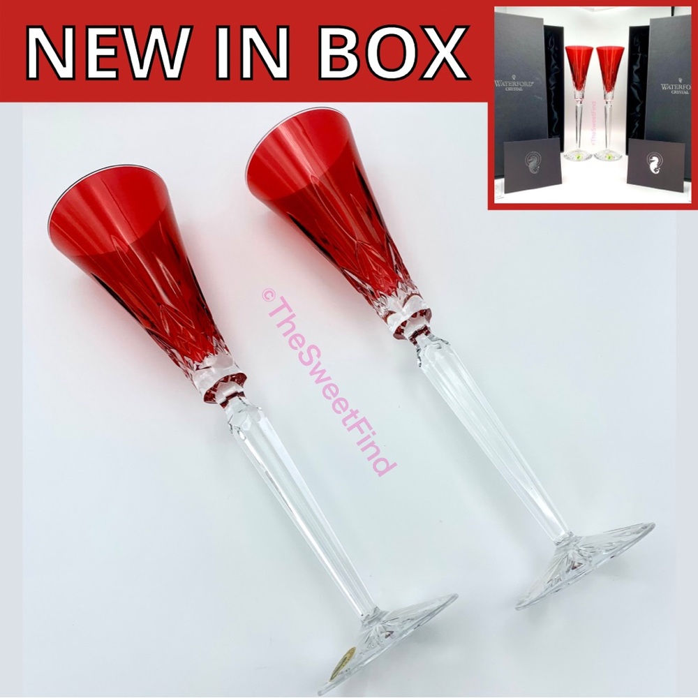 Waterford Crystal Lismore Jewels Ruby Red Champagne Flutes 12” Ornate Stems NIB